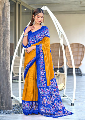 Rudra Printed Ikkat Mulmul Saree(Multicolor)