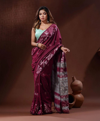 QuteFab Printed, Self Design, Solid/Plain, Woven, Temple Border Handloom Pure Cotton Saree(Grey)
