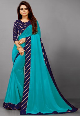 SM TRENDZ Solid/Plain Bollywood Georgette, Cotton Silk Saree(Dark Blue, Light Blue)