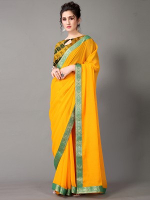 Shaily Retails Solid/Plain Daily Wear Chiffon Saree(Yellow)