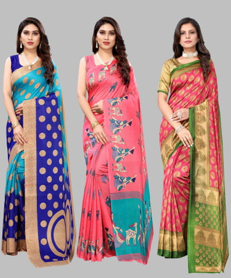 YASHIKA Printed, Paisley, Floral Print Mysore Art Silk Saree(Pack of 3, Blue)