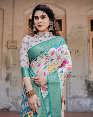 maharani couture Digital Print Kalamkari Silk Blend Saree(White)