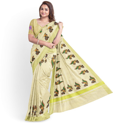 Chithra Fabrics Printed Kasavu Tissue Saree(Cream)