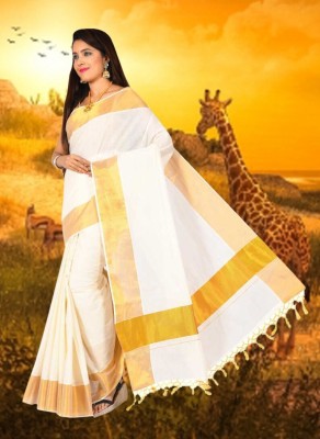 Saran Solid/Plain Daily Wear Pure Cotton Saree(Cream)