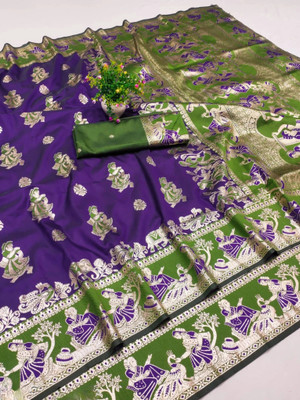 Ratnavali Woven Baluchari Silk Blend, Art Silk Saree(Purple)