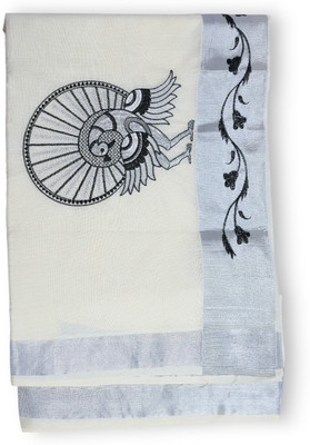 EverGreenNest Woven, Solid/Plain, Self Design, Striped Kasavu Cotton Blend Saree(White, Silver, Black)