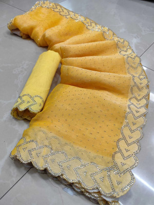 Sareez House Applique Bollywood Tussar Silk Saree(Yellow)