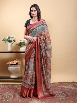 PK SAREES Printed Kalamkari Linen Saree(Multicolor)