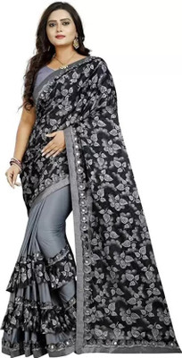KISHVA Digital Print Bollywood Lycra Blend Saree(Grey)