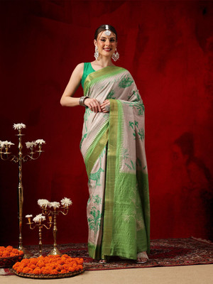 SILK ZONE Printed Banarasi Silk Blend Saree(Light Green, Beige)