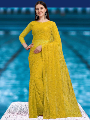 NORAFLEX Self Design Bollywood Net Saree(Yellow)
