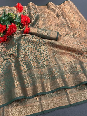 TIMBADIYAANANT Woven Banarasi Jacquard, Cotton Silk Saree(Dark Green, Gold)