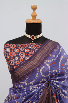 Febo Fashion Digital Print Banarasi Silk Blend Saree(Blue)