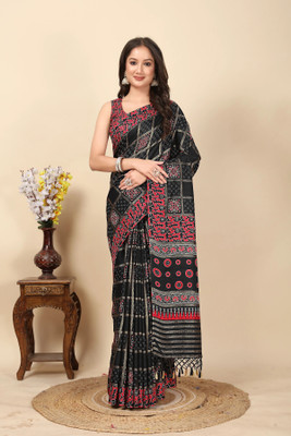 J6 Designers Printed Patola Silk Blend Saree(Black)