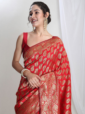 Janasya Woven Banarasi Silk Blend Saree(Red)
