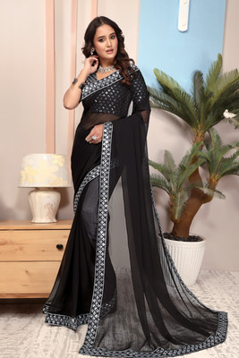 RJTAJ FAB Solid/Plain, Embroidered Bollywood Georgette Saree(Black)