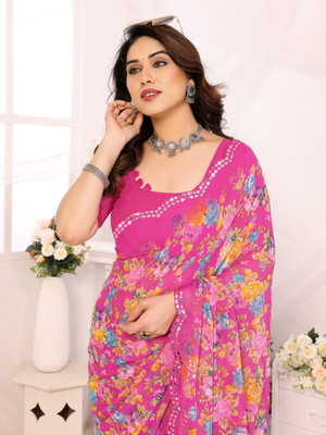 TTH Printed Bollywood Georgette Saree(Pink, Yellow, Light Blue)