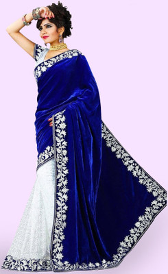 RichEraa Embroidered Banarasi Net, Velvet Saree(White, Blue)