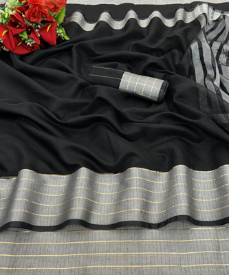 PIYA DESIGNER Solid/Plain Kasavu Cotton Linen Saree(Black, Silver)