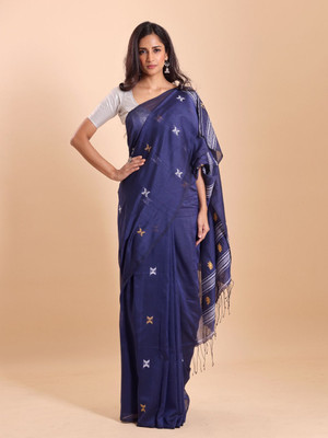 Blouson Printed Jamdani Pure Cotton Saree(Dark Blue)