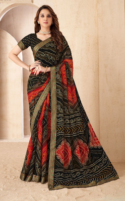 REBOOT FASHIONS Geometric Print Bandhani Chiffon Saree(Black)
