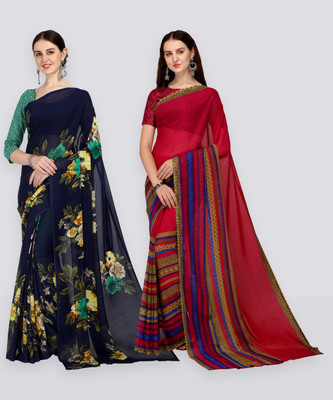 Anand Sarees Printed Daily Wear Georgette Saree(Pack of 2, Dark Blue, Pink)