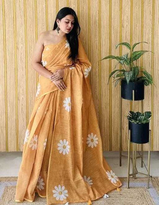 Vleez Printed Handloom Pure Cotton Saree(Orange)