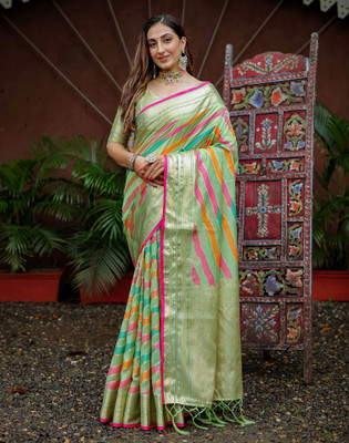 Satrani Woven, Embellished Banarasi Silk Blend Saree(Light Green, Gold)