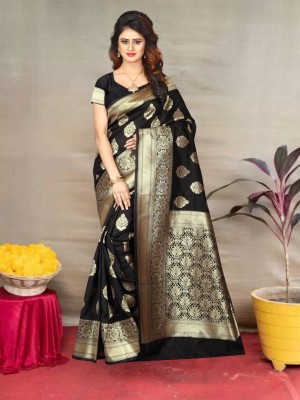 Pervas Woven Kanjivaram Silk Blend, Cotton Silk Saree(Black)