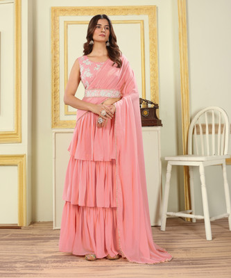 PATLANI STYLE Embroidered, Solid/Plain, Embellished Pre Draped Saree Georgette Saree(Pink)