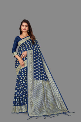 SAREEZUDIO Solid/Plain Banarasi Cotton Blend Saree(Dark Blue)