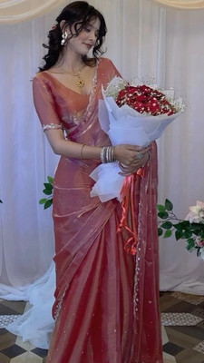 PRISHA Polka Print Bollywood Organza Saree(Pink)