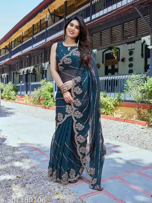 BrownSoilOrganics Embellished, Floral Print Bollywood Satin Saree(Blue)