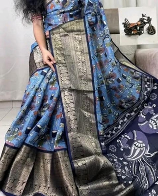 VISISTA Printed, Woven Kalamkari Cotton Silk Saree(Light Blue, Dark Blue)