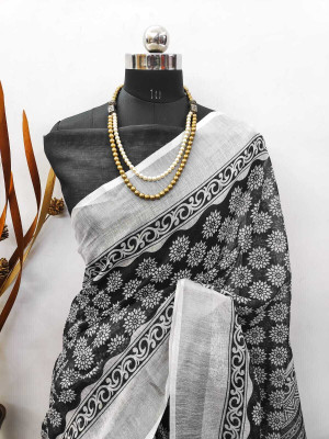 HouseOfCommon Printed Banarasi Cotton Linen, Linen Saree(Black, White)