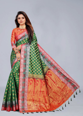 FINE WEAR Woven Banarasi Cotton Silk Saree(Multicolor)