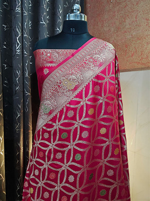 Banarsi Brides Woven, Floral Print, Geometric Print, Self Design Banarasi Dupion Silk Saree(Red)