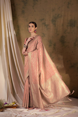 ShopGlobal Woven Banarasi Silk Blend Saree(Orange)