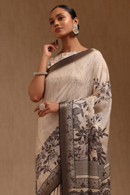 soch Floral Print Saree with Attached Blouse Tussar Silk Saree(Cream)