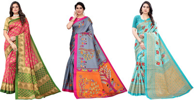 ANIRAV Printed Bollywood Art Silk Saree(Pack of 3, Pink, Grey, Blue)