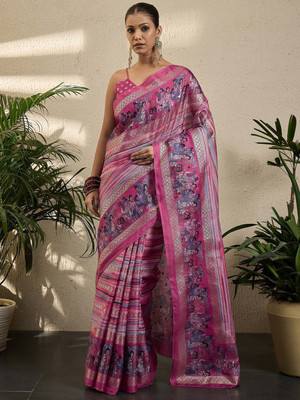 all about you Woven Kota Doria Jute Silk Saree(Pink)