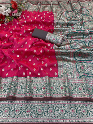 KanjiQueen Woven Kanjivaram Silk Blend, Pure Silk Saree(Pink, Grey)