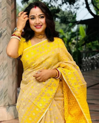 Revival Woven Jamdani Cotton Blend Saree(Yellow)