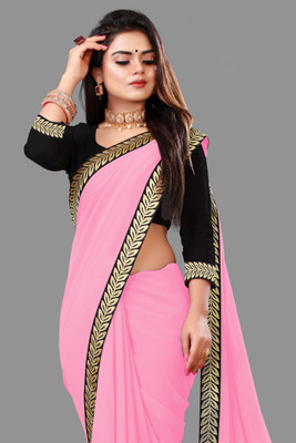 sadika Solid/Plain, Embellished Bollywood Georgette, Chiffon Saree(Pink, Black)