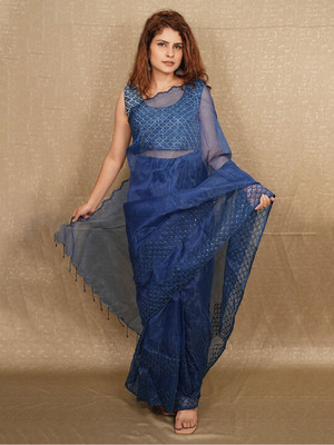 ANOUK Embroidered Saree with Attached Blouse Organza Saree(Blue)