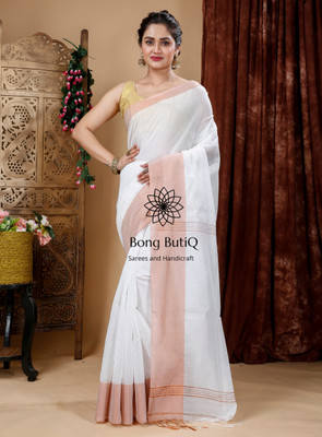 Bong ButiQ Solid/Plain Bollywood Handloom Cotton Blend Saree(White, Gold)