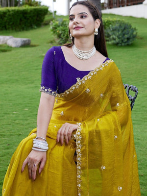 SareezaaStore Embroidered Bollywood Chiffon Saree(Yellow)