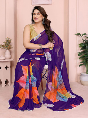 ANOUK Printed Saree with Attached Blouse Georgette Saree(Purple)