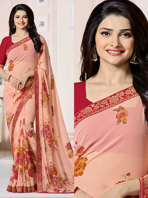 MEETVIN COUTURE Printed, Self Design, Digital Print, Embroidered, Floral Print, Solid/Plain Bollywood Georgette, Chiffon Saree(Orange)
