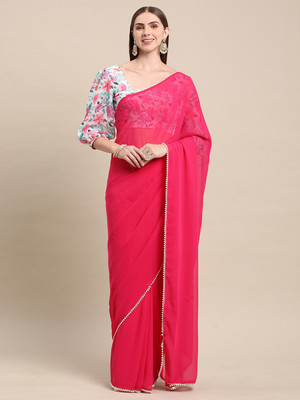 BAPS Solid/Plain, Floral Print Bollywood Georgette Saree(Pink)